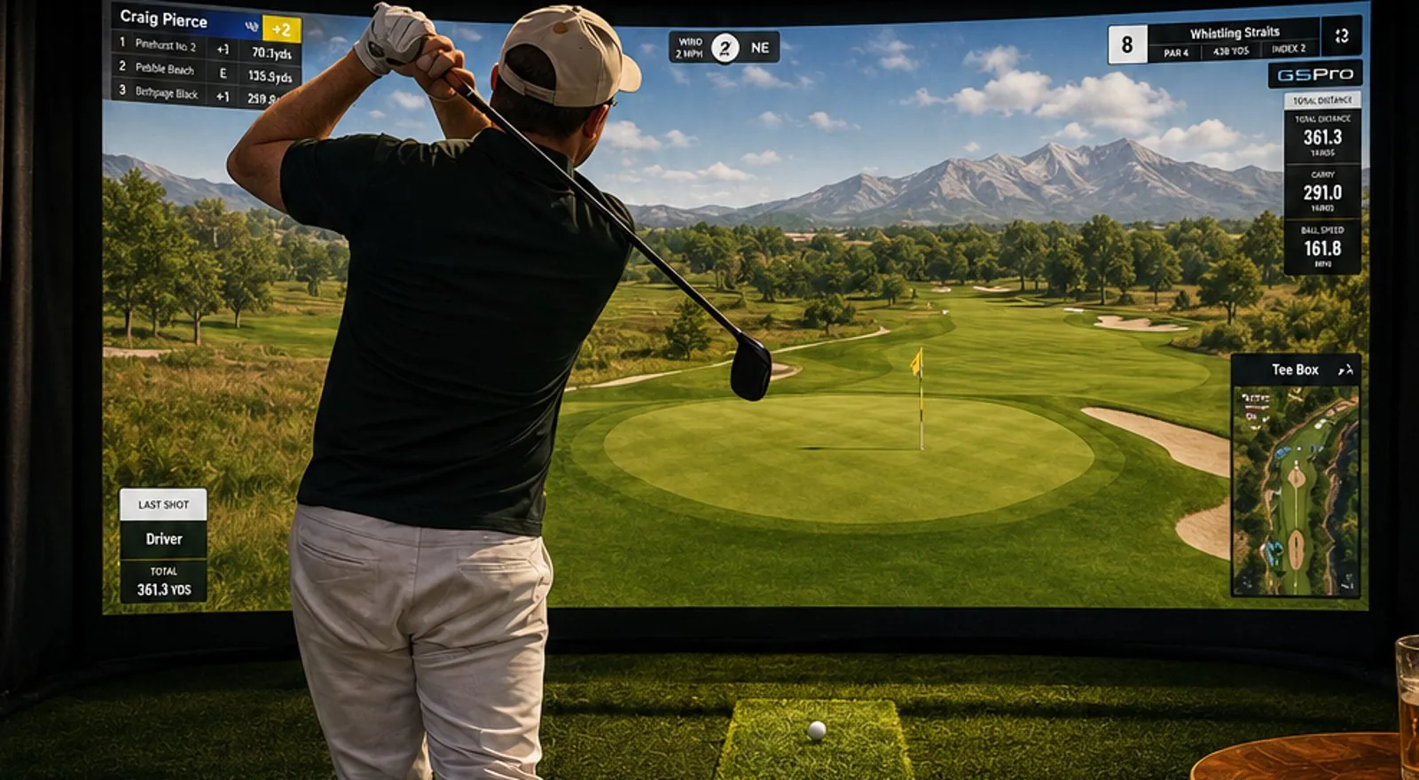 A golfer mid-swing on the Birdies & Brews simulator playing a mountain course with a live leaderboard.